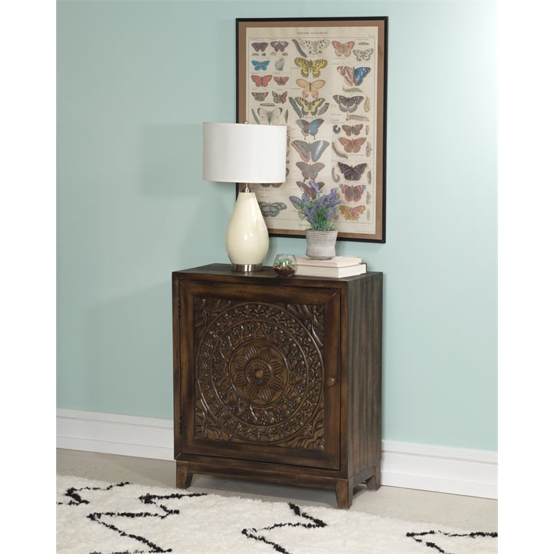 Linon Grace Storage Accent Cabinet Carved Medallion in Dark Brown Finished Wood