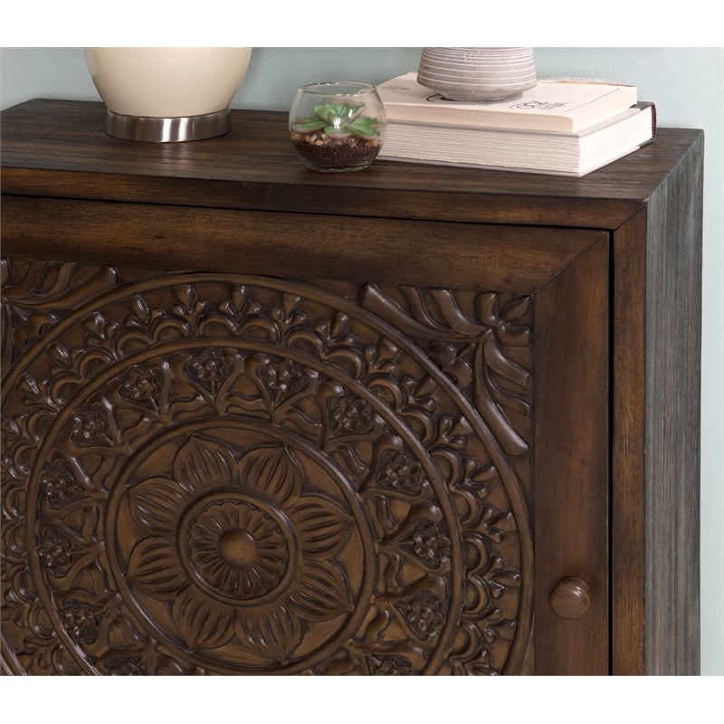 Linon Grace Storage Accent Cabinet Carved Medallion in Dark Brown Finished Wood