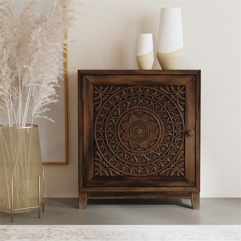 Linon Grace Storage Accent Cabinet Carved Medallion in Dark Brown Finished Wood