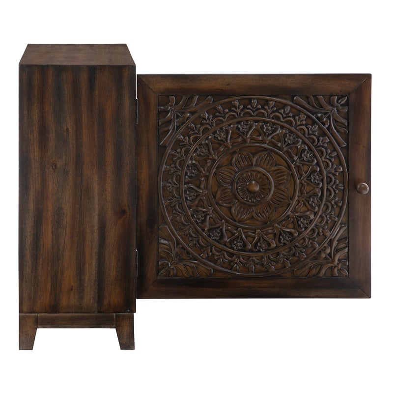 Linon Grace Storage Accent Cabinet Carved Medallion in Dark Brown Finished Wood