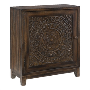 Linon Grace Storage Accent Cabinet Carved Medallion in Dark Brown Finished Wood