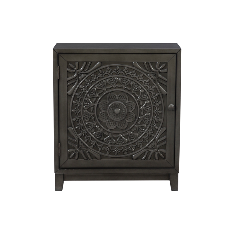Linon Grace Storage Accent Cabinet Carved Medallion in Dark Gray Finished Wood