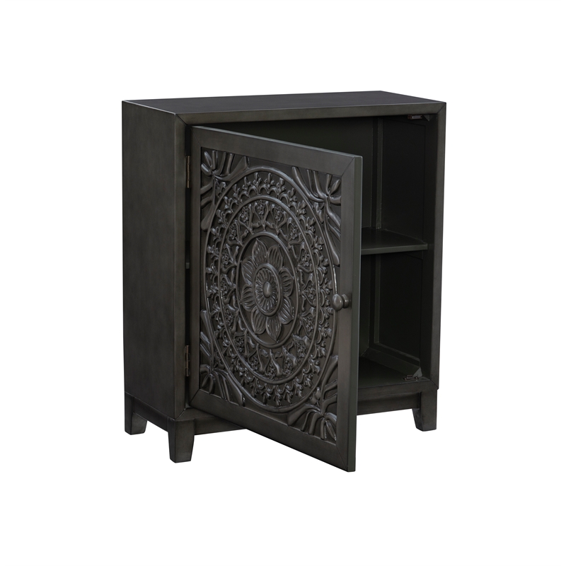 Linon Grace Storage Accent Cabinet Carved Medallion in Dark Gray Finished Wood