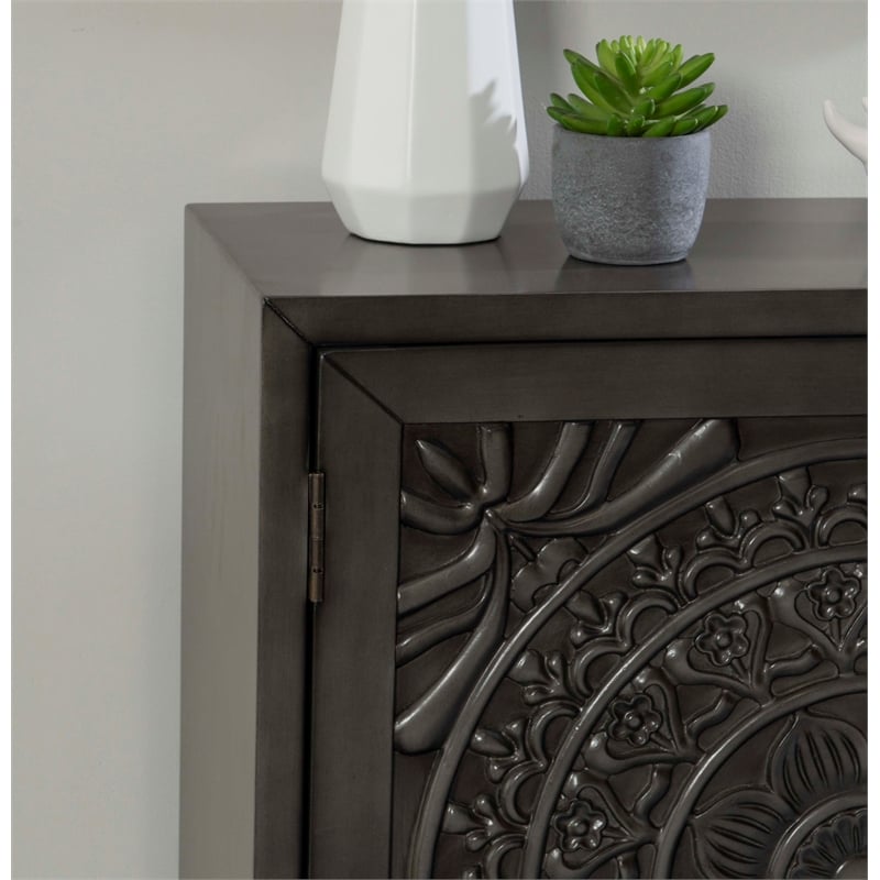 Linon Grace Storage Accent Cabinet Carved Medallion in Dark Gray Finished Wood