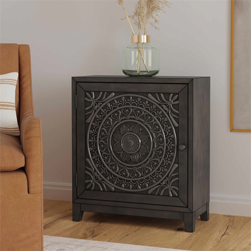 Linon Grace Storage Accent Cabinet Carved Medallion in Dark Gray Finished Wood