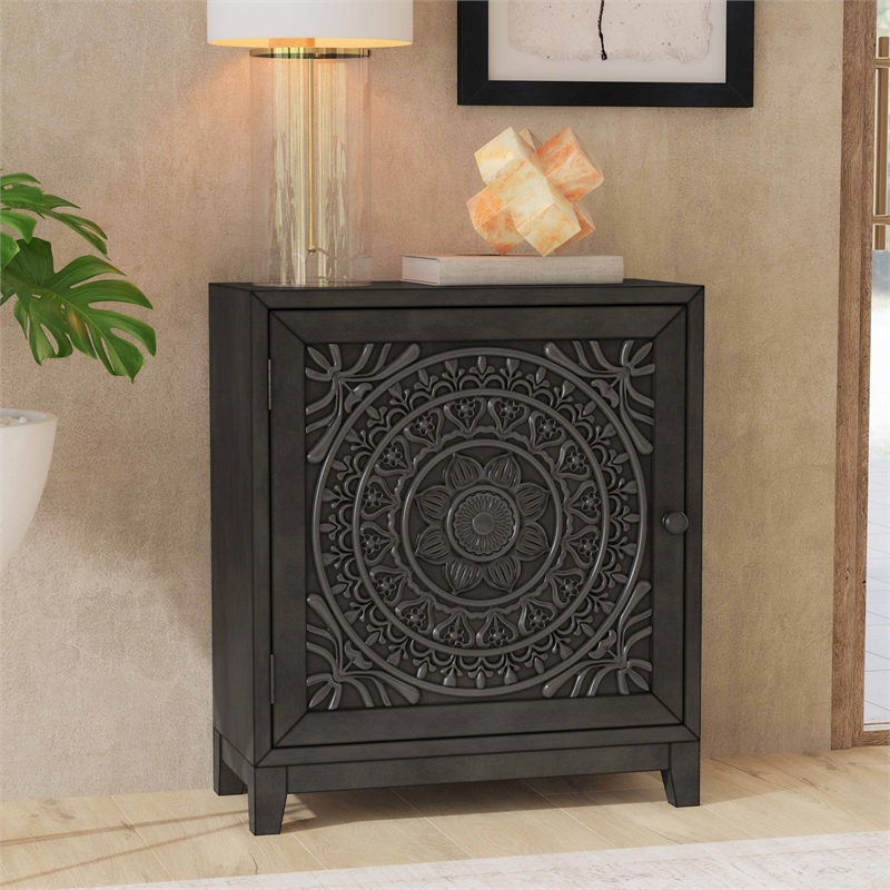 Linon Grace Storage Accent Cabinet Carved Medallion in Dark Gray Finished Wood