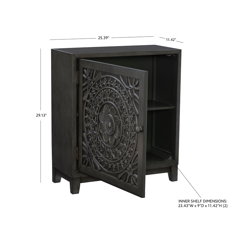 Linon Grace Storage Accent Cabinet Carved Medallion in Dark Gray Finished Wood