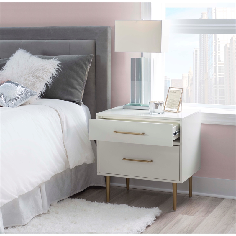 Linon Dylan Wood Nightstand with Two Drawers and Gold Accents in White