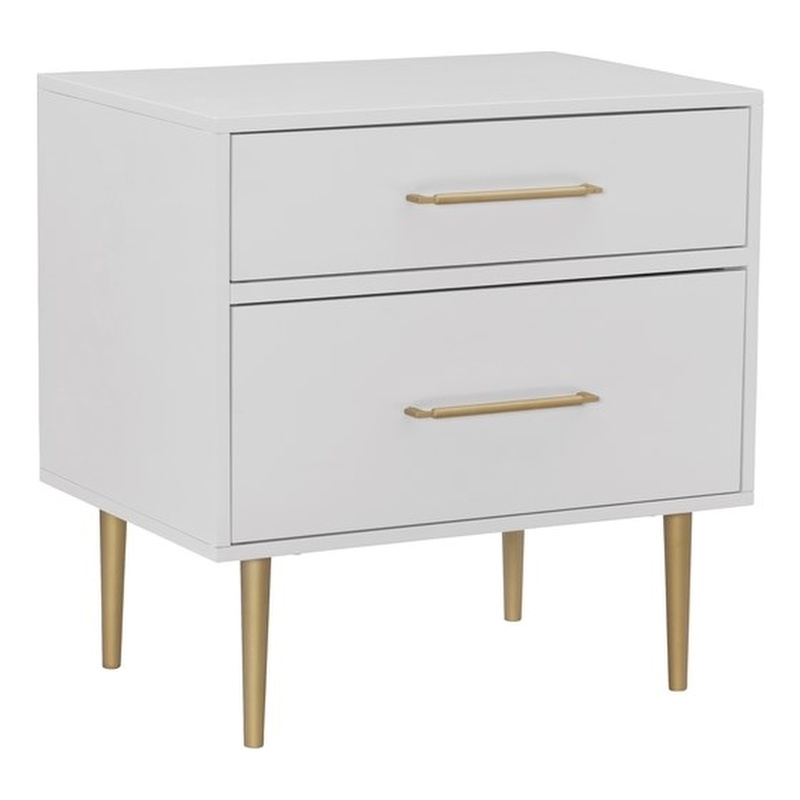 Linon Dylan Wood Nightstand with Two Drawers and Gold Accents in White