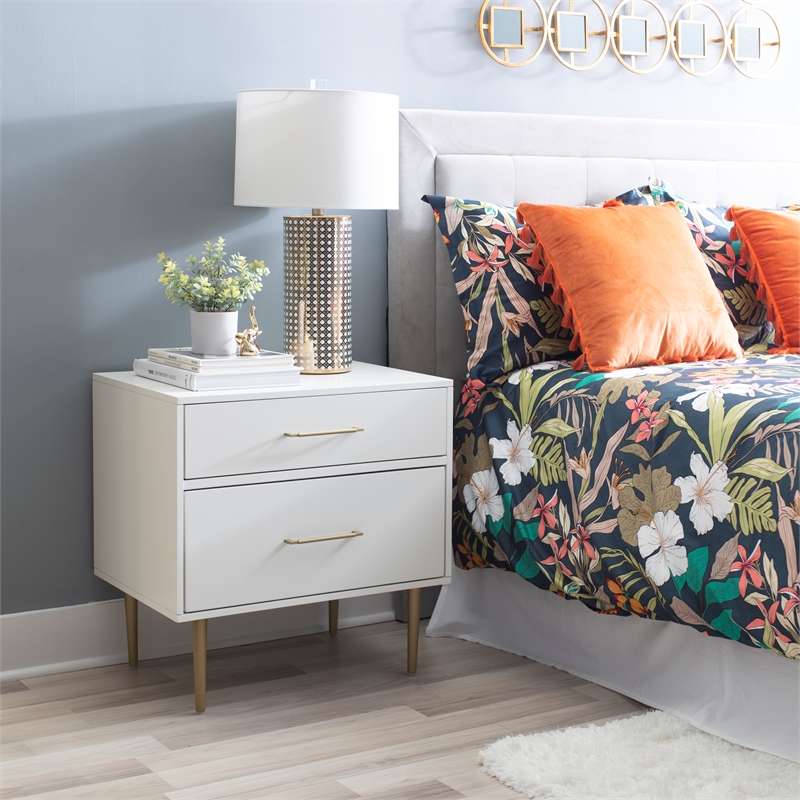 Linon Dylan Wood Nightstand with Two Drawers and Gold Accents in White