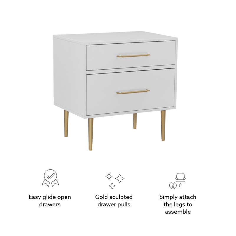 Linon Dylan Wood Nightstand with Two Drawers and Gold Accents in White