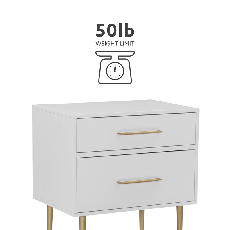 Linon Dylan Wood Nightstand with Two Drawers and Gold Accents in White