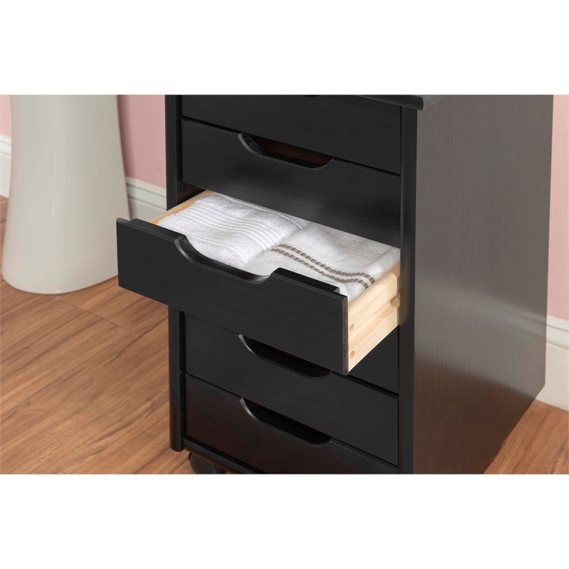 Linon Callie Black Six Drawer Rolling Storage Cart in Black Wood