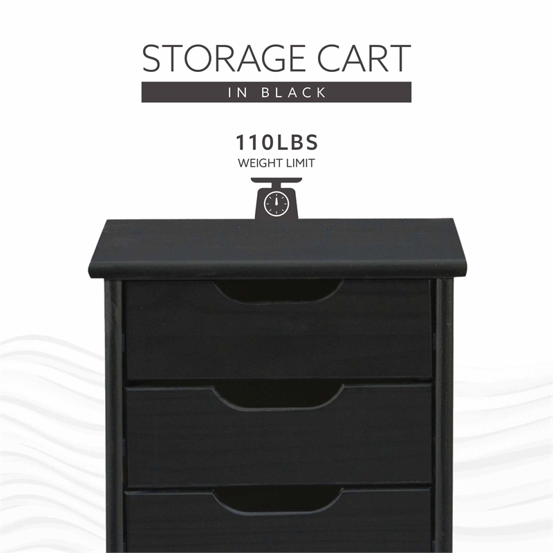 Linon Callie Black Six Drawer Rolling Storage Cart in Black Wood
