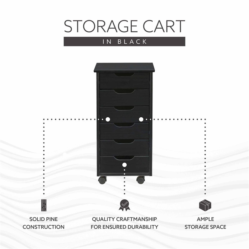 Linon Callie Black Six Drawer Rolling Storage Cart in Black Wood