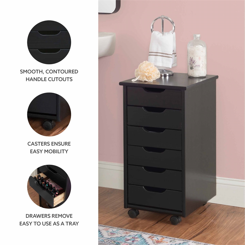 Linon Callie Black Six Drawer Rolling Storage Cart in Black Wood