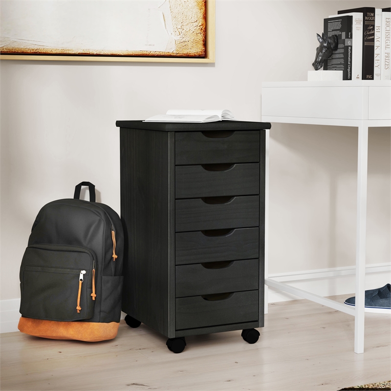 Linon Callie Black Six Drawer Rolling Storage Cart in Black Wood