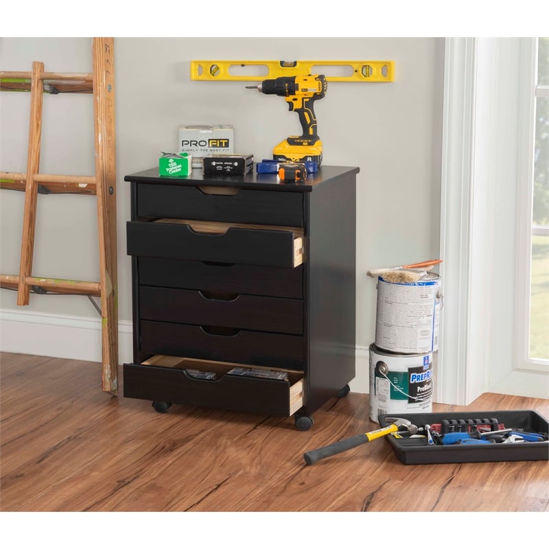 Linon Callie Black Six Drawer Rolling Storage Cart in Black Wood