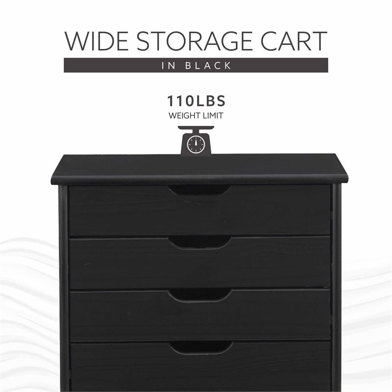 Linon Callie Black Six Drawer Rolling Storage Cart in Black Wood