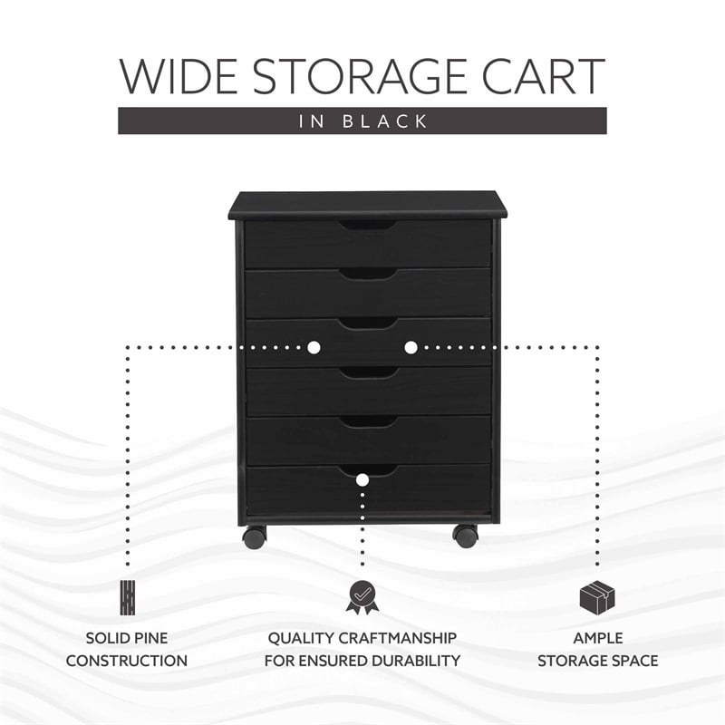 Linon Callie Black Six Drawer Rolling Storage Cart in Black Wood
