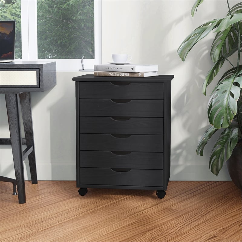 Linon Callie Black Six Drawer Rolling Storage Cart in Black Wood