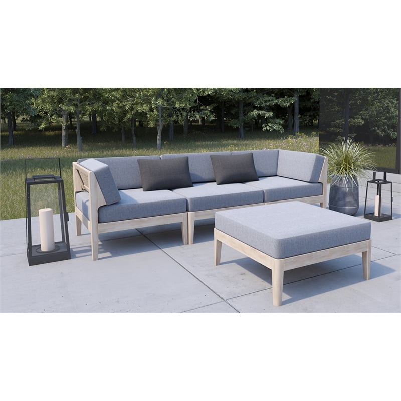 Linon Morningside Outdoor Acacia Wood Ottoman with Gray Cushion in Natural