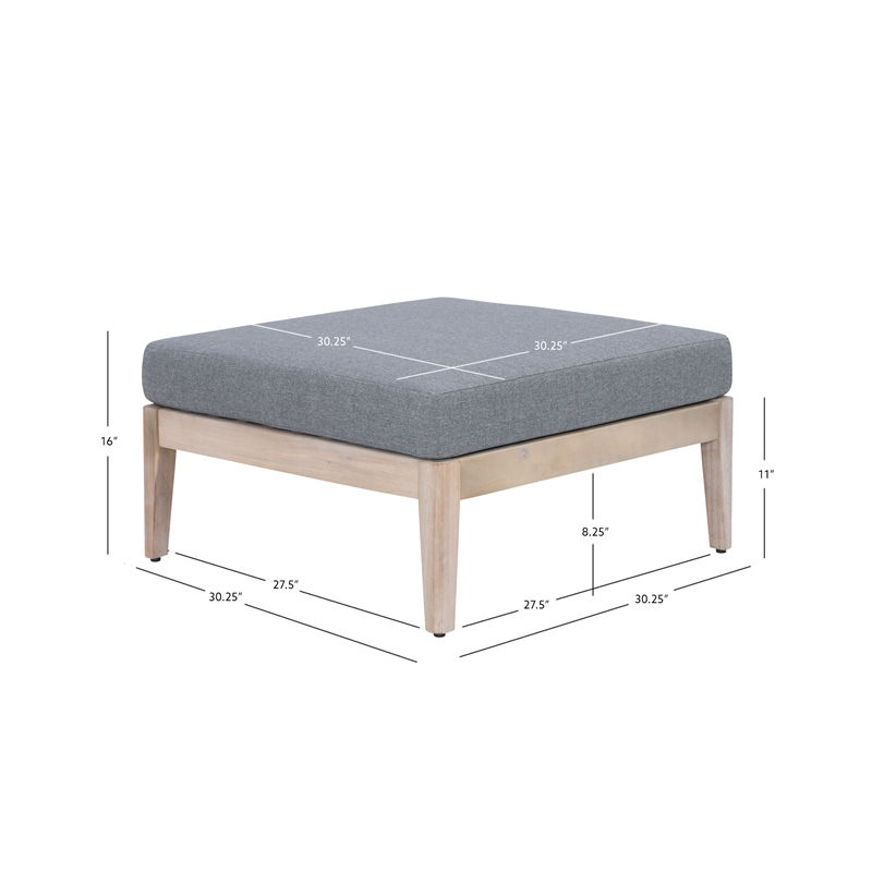 Linon Morningside Outdoor Acacia Wood Ottoman with Gray Cushion in Natural