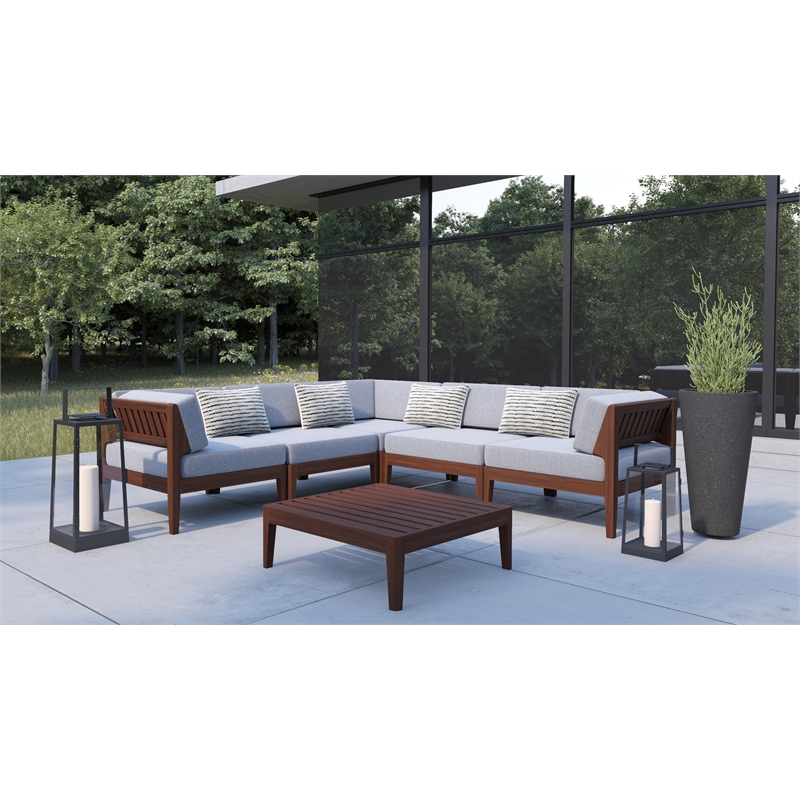 Linon Morningside Outdoor Acacia Wood Ottoman with Gray Cushions in Walnut