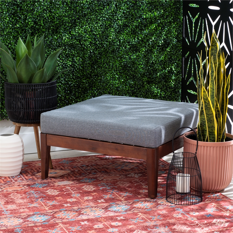 Linon Morningside Outdoor Acacia Wood Ottoman with Gray Cushions in Walnut