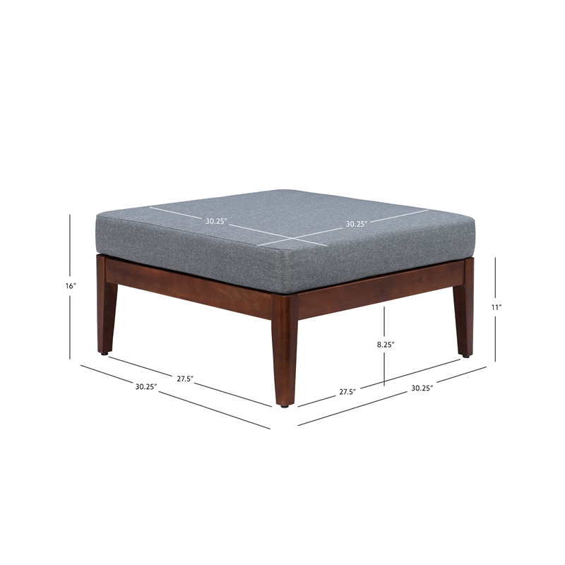 Linon Morningside Outdoor Acacia Wood Ottoman with Gray Cushions in Walnut