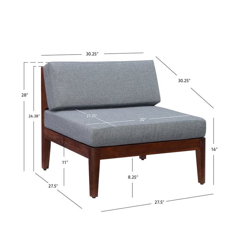 Linon Morningside Outdoor Acacia Wood Middle Chair with Gray Cushions in Walnut