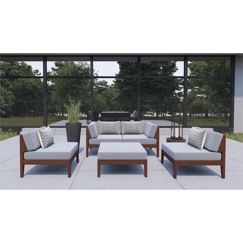 Linon Morningside Outdoor Acacia Wood Middle Chair with Gray Cushions in Walnut