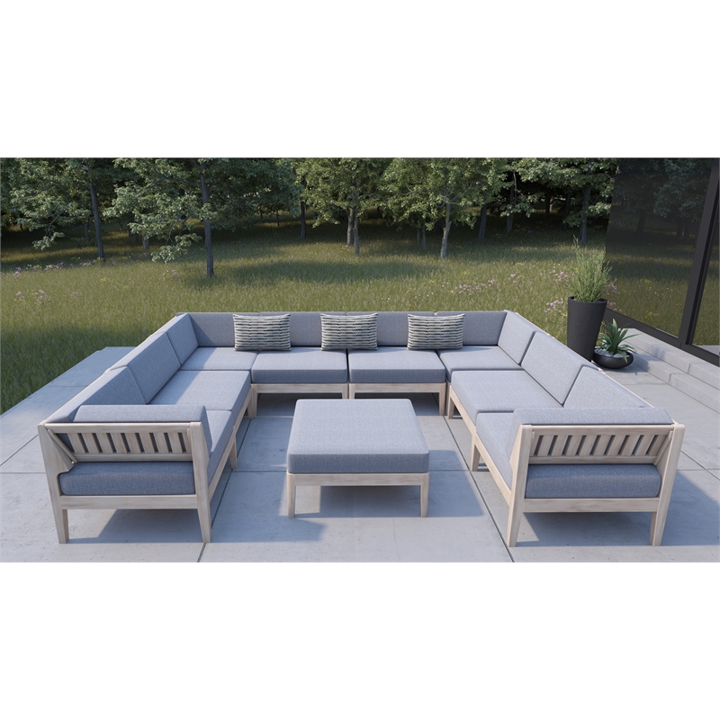 Linon Morningside Outdoor Acacia Wood Middle Chair with Gray Cushions in Natural