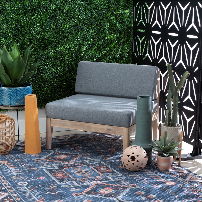 Linon Morningside Outdoor Acacia Wood Middle Chair with Gray Cushions in Natural