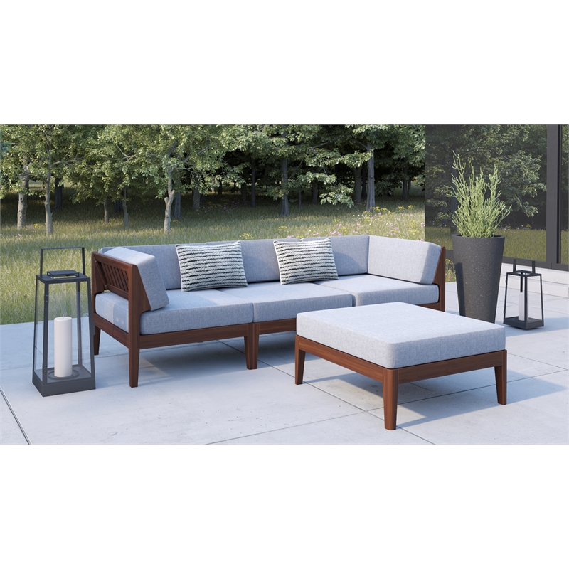 Linon Morningside Outdoor Acacia Wood Corner Chair with Gray Cushions in Walnut