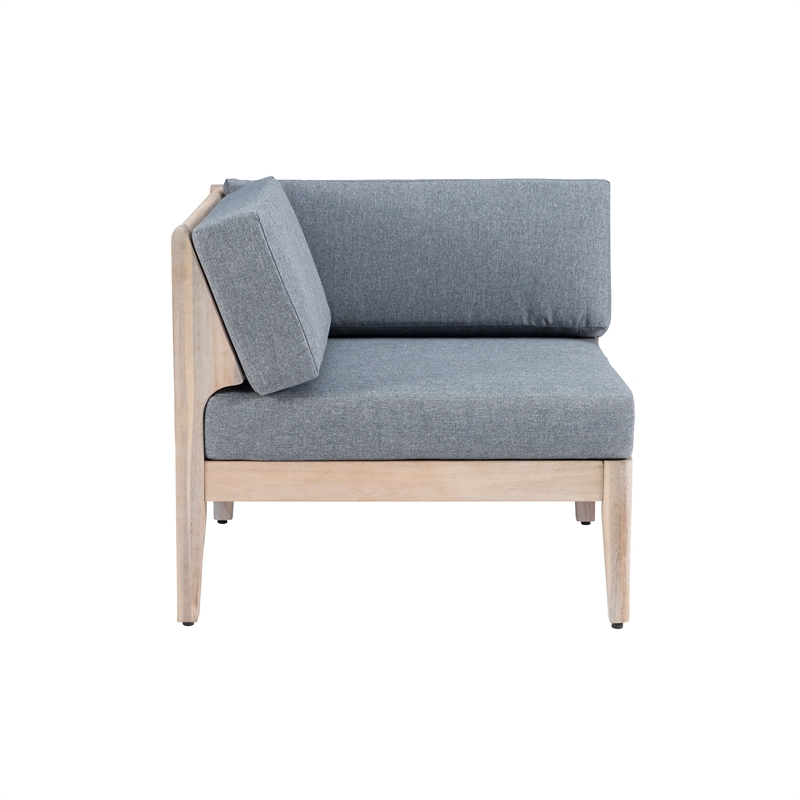 Linon Morningside Outdoor Acacia Wood Corner Chair with Gray Cushions in Natural