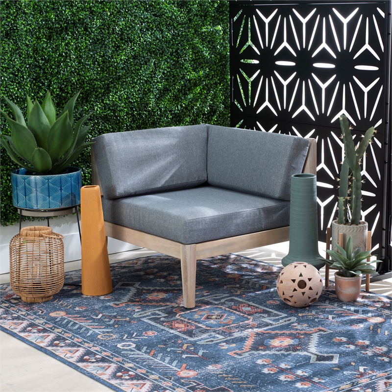 Linon Morningside Outdoor Acacia Wood Corner Chair with Gray Cushions in Natural