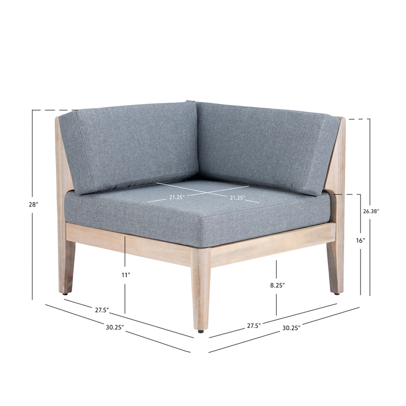 Linon Morningside Outdoor Acacia Wood Corner Chair with Gray Cushions in Natural