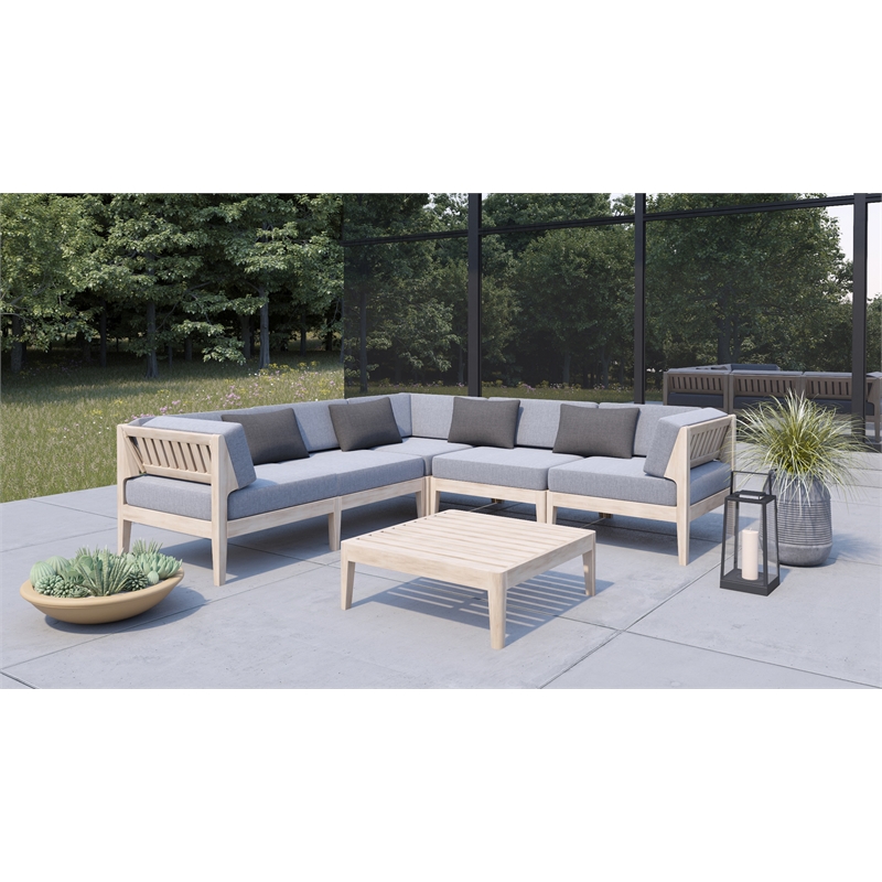 Linon Morningside Outdoor Acacia Wood Corner Chair with Gray Cushions in Natural