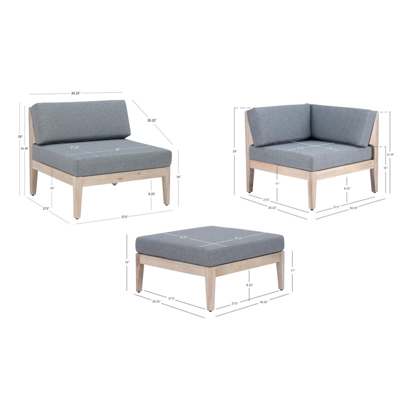 Linon Morningside Outdoor Acacia Wood 4 Piece Set with Gray Cushions in Natural