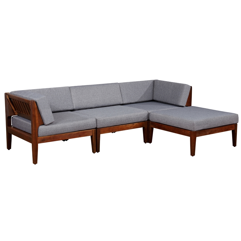 Linon Morningside Outdoor Acacia Wood 4 Piece Set with Gray Cushions in Walnut