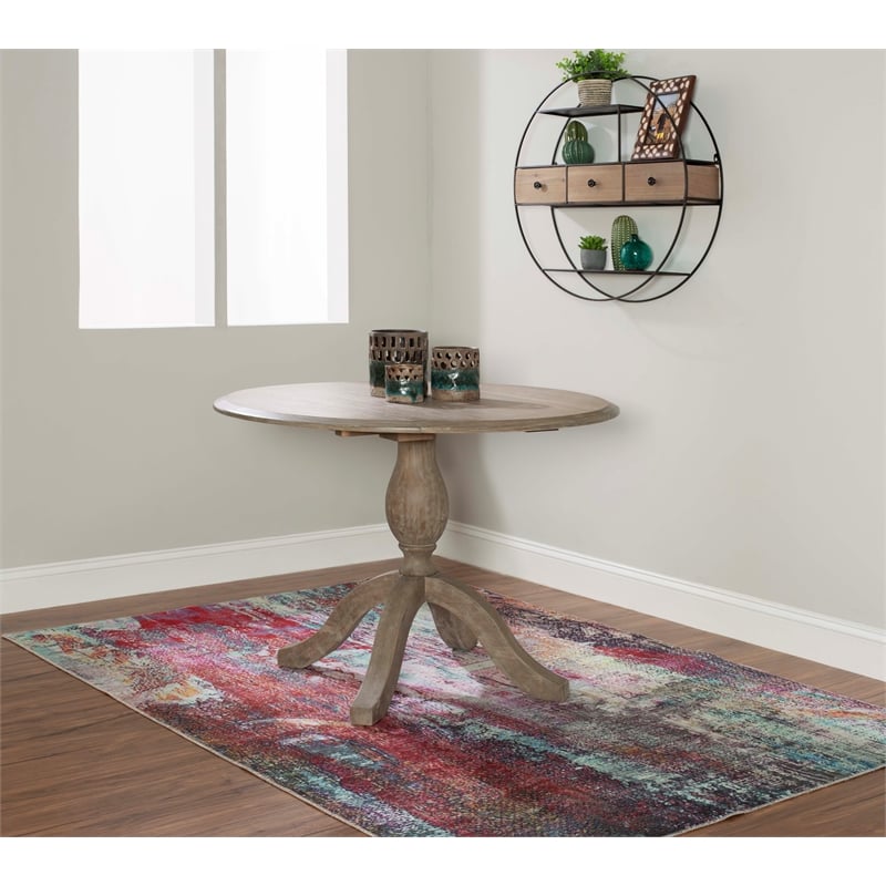 Linon Ervin Round Drop Leaf Pedestal Dining Table in Rustic Grey Washed Wood