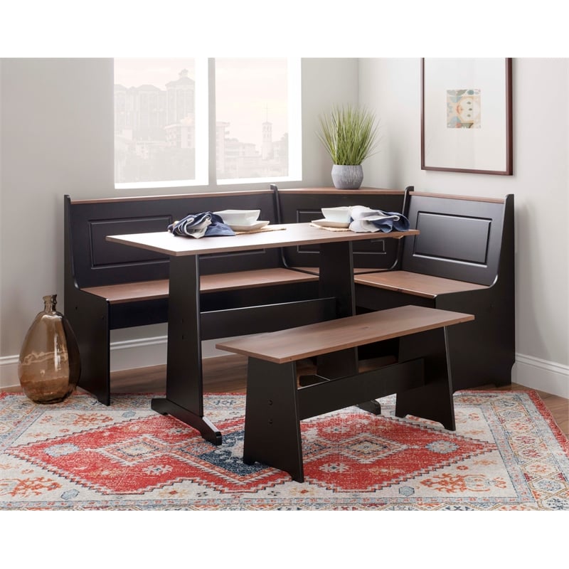 Linon Ardmore Pine Wood Corner Nook Dining Set with Storage in Black and Pecan