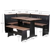 Linon Ardmore Pine Wood Corner Nook Dining Set with Storage in Black and Pecan