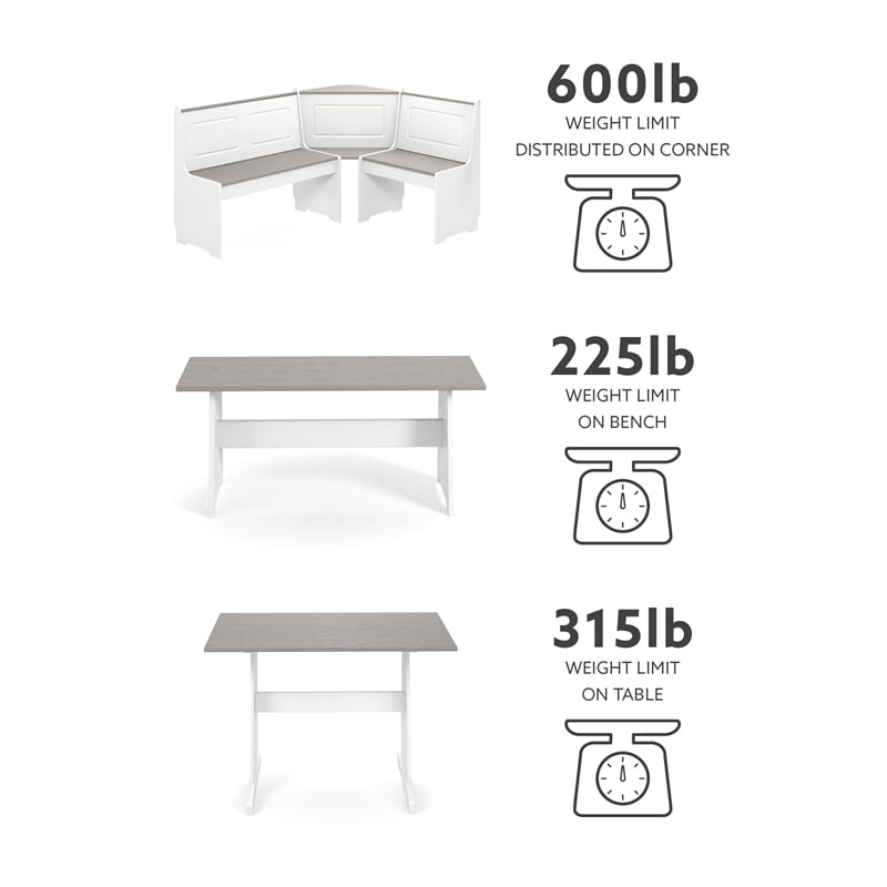 Linon Ardmore Wood Corner Dining Breakfast Nook with Table and Storage,  Seats 5-6, White and Natural Finish 