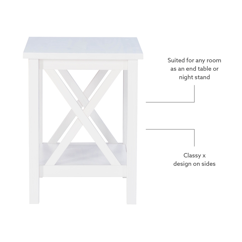 Linon Dalton End Table with Shelf and X Design on Sides in Antique White Wood