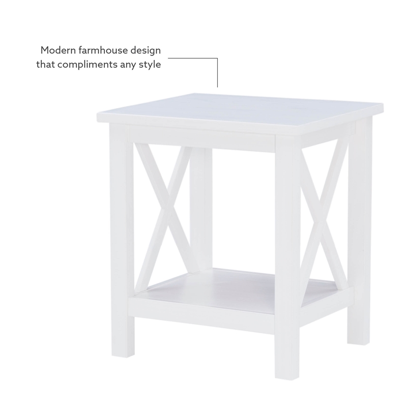Linon Dalton End Table with Shelf and X Design on Sides in Antique White Wood