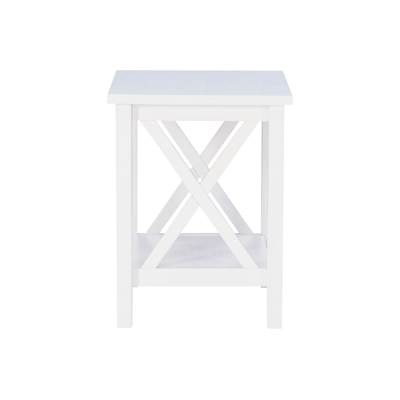 Linon Dalton End Table with Shelf and X Design on Sides in Antique White Wood