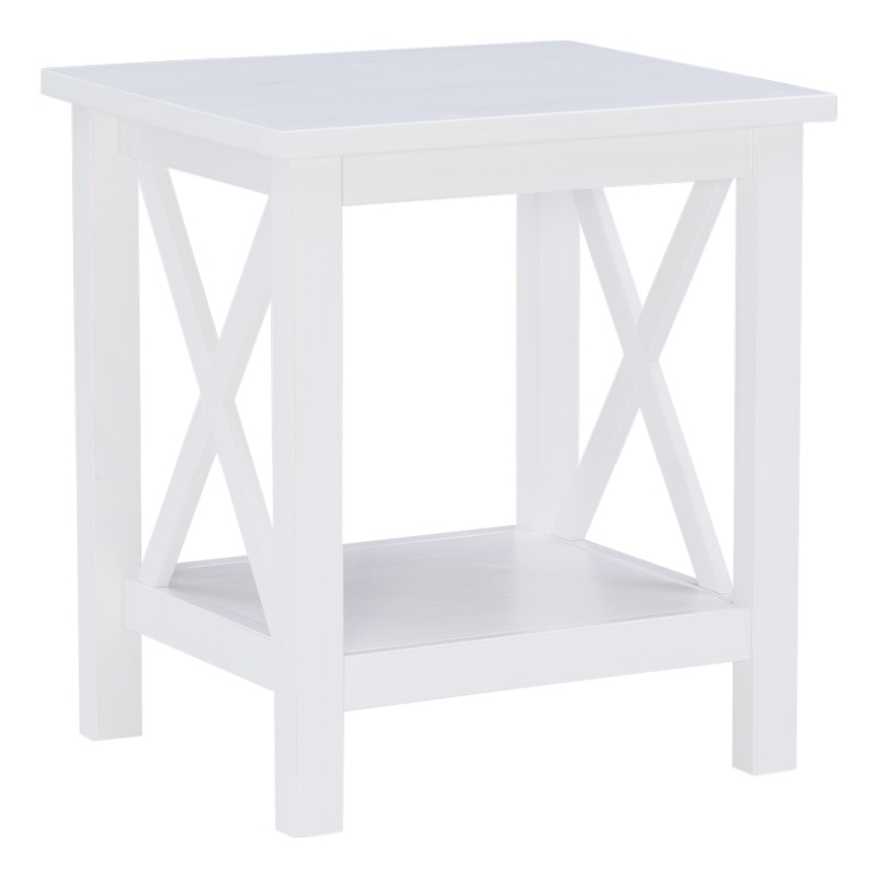 Linon Dalton End Table with Shelf and X Design on Sides in Antique White Wood