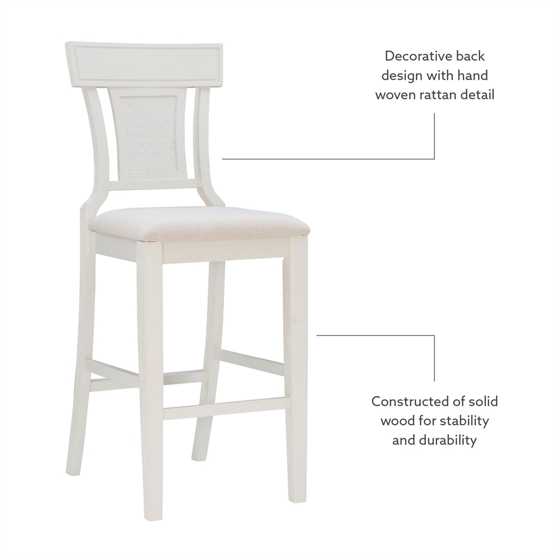 Linon Pacey 30 Upholstered Seat Rattan Back Bar Stool in Creamy White Wood Cymax Business